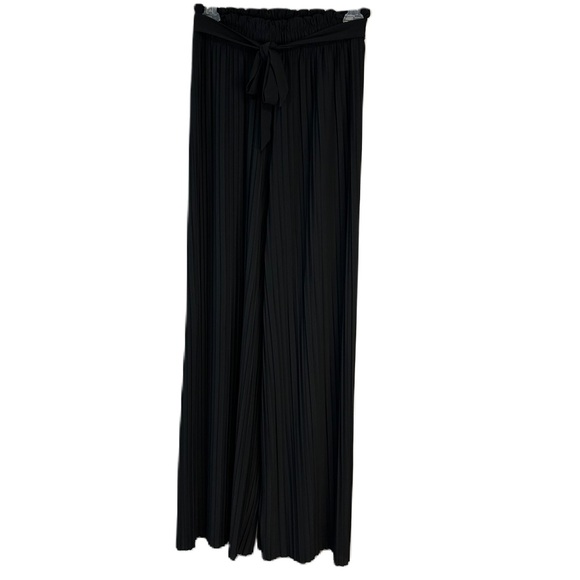 Womens High Rise Wide Leg Pants‎ Sz M Crinkle Pleat Pull On Tie Bow Flowy Black - Picture 3 of 11